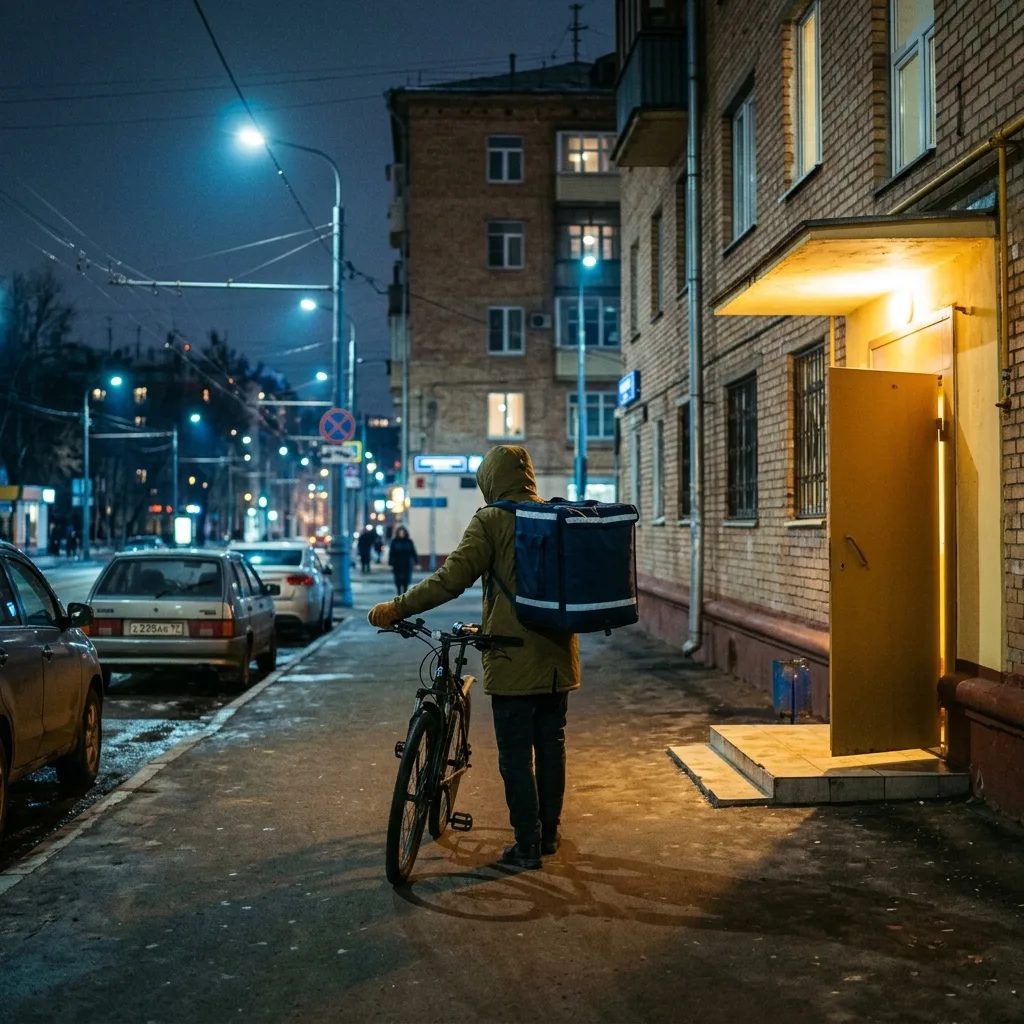 Курьер доставляет алкоголь ночью в Москве