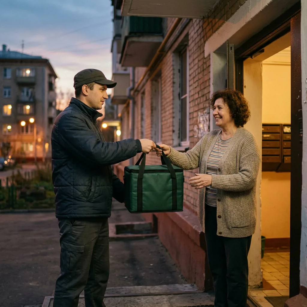 Курьер с термосумкой у двери клиента