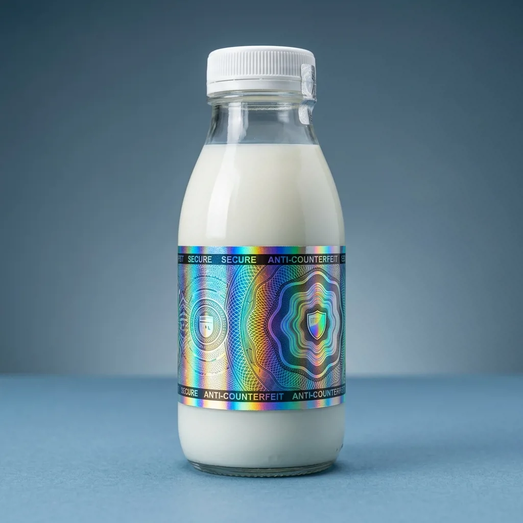 Круговая этикетка на бутылку молочной продукции с голографической защитой