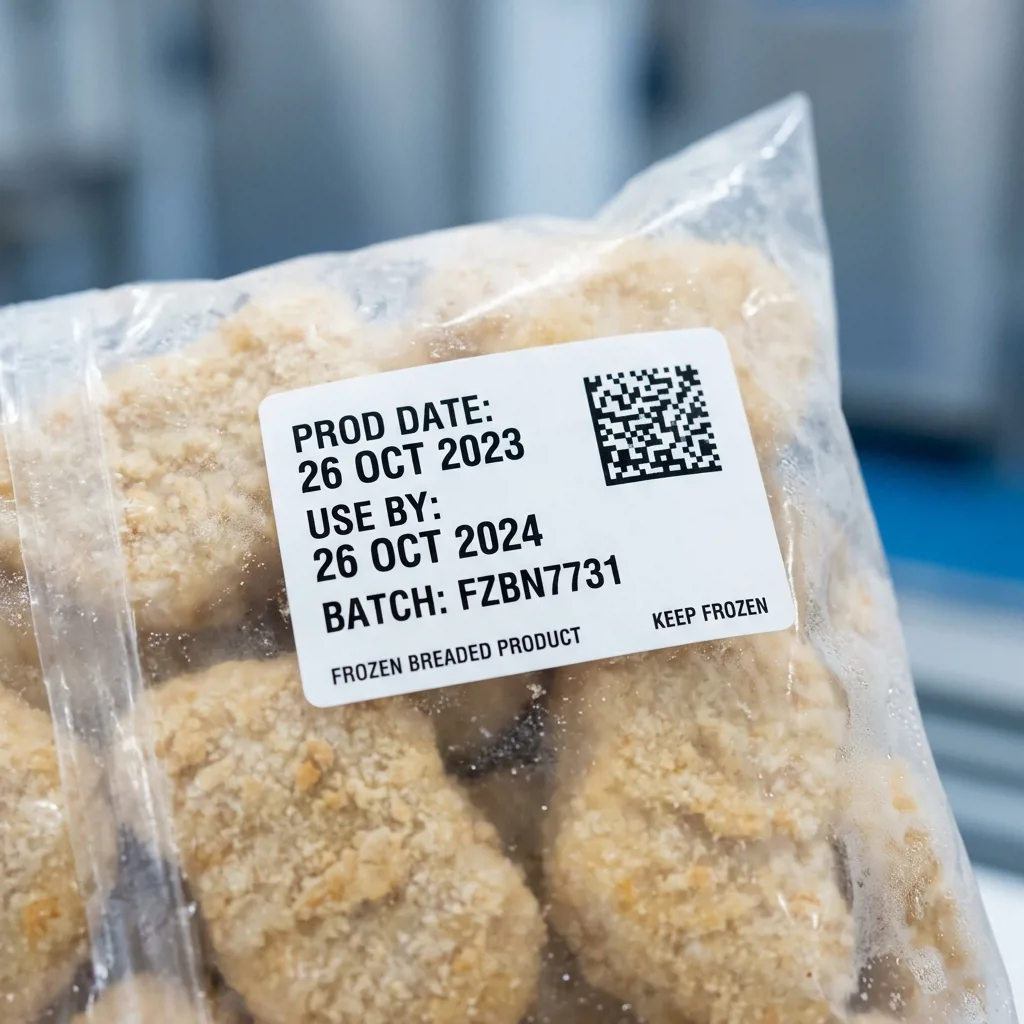 Этикетка с Data Matrix кодом и датой производства на упаковке замороженных продуктов в панировке