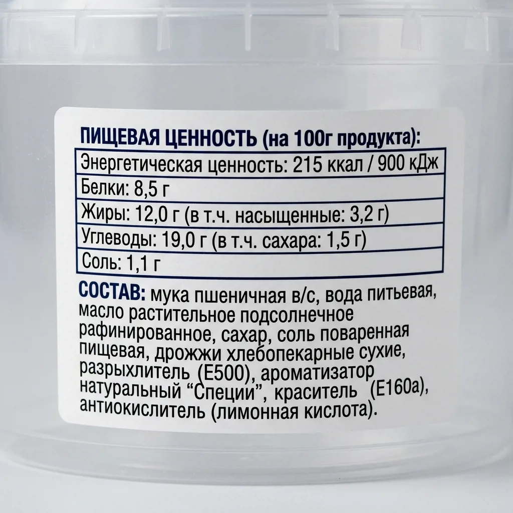 Этикетка с составом и пищевой ценностью на упаковке блинчиков
