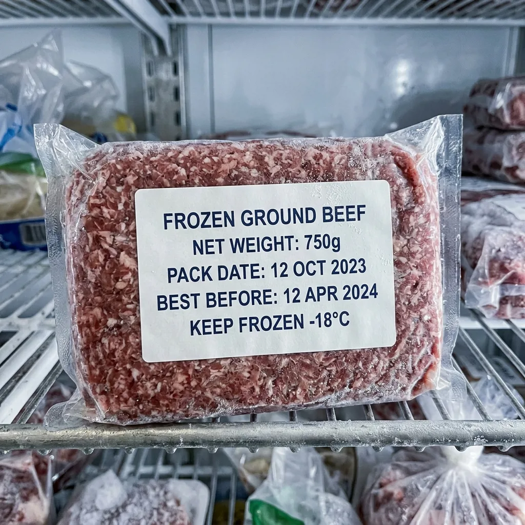 Этикетка на замороженной мясной продукции в холодильнике