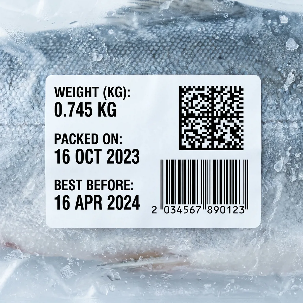 Этикетка со штрих-кодом и датой на рыбной продукции