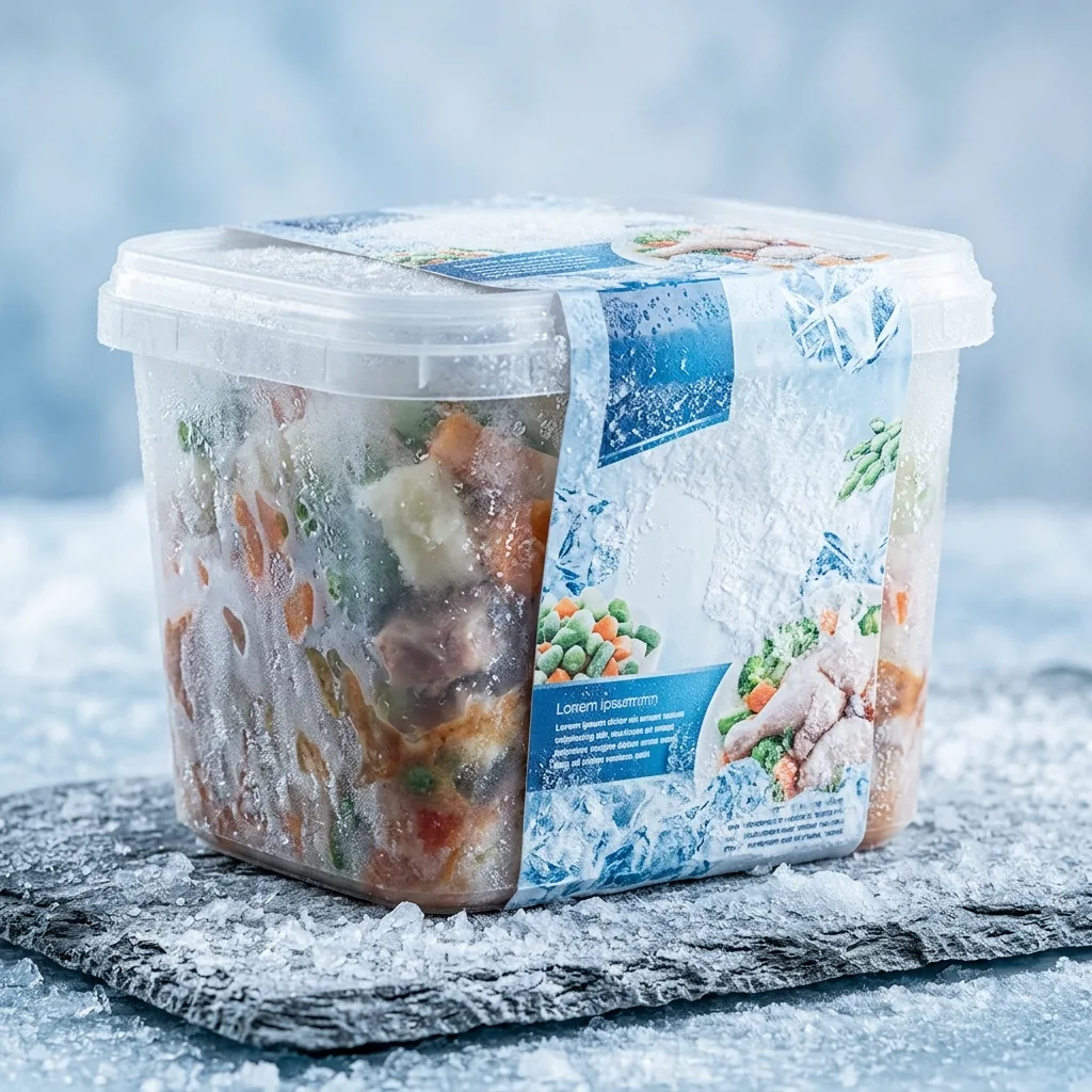 Круговая этикетка на банку для замороженных продуктов с морозостойкой плёнкой