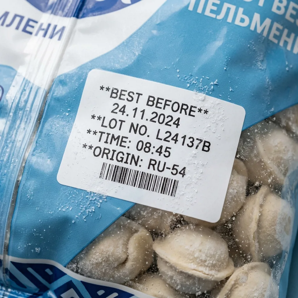 Этикетка с термопечатью даты на пельменях