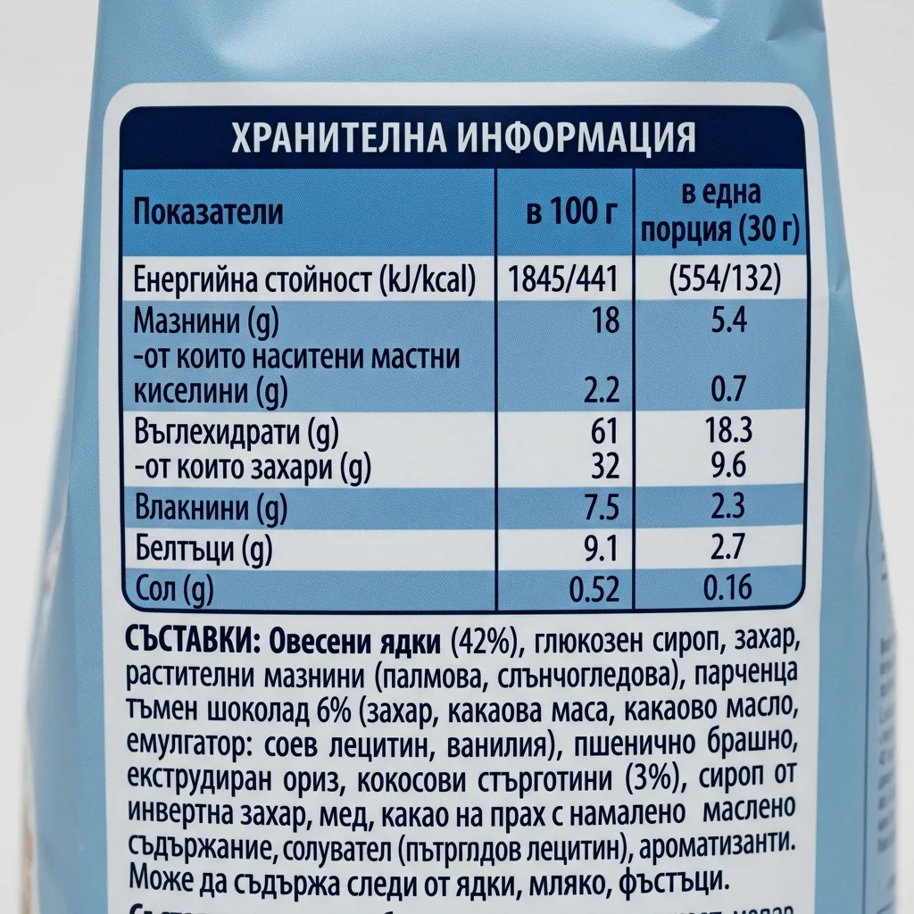 Этикетка с полным составом и пищевой ценностью вареников