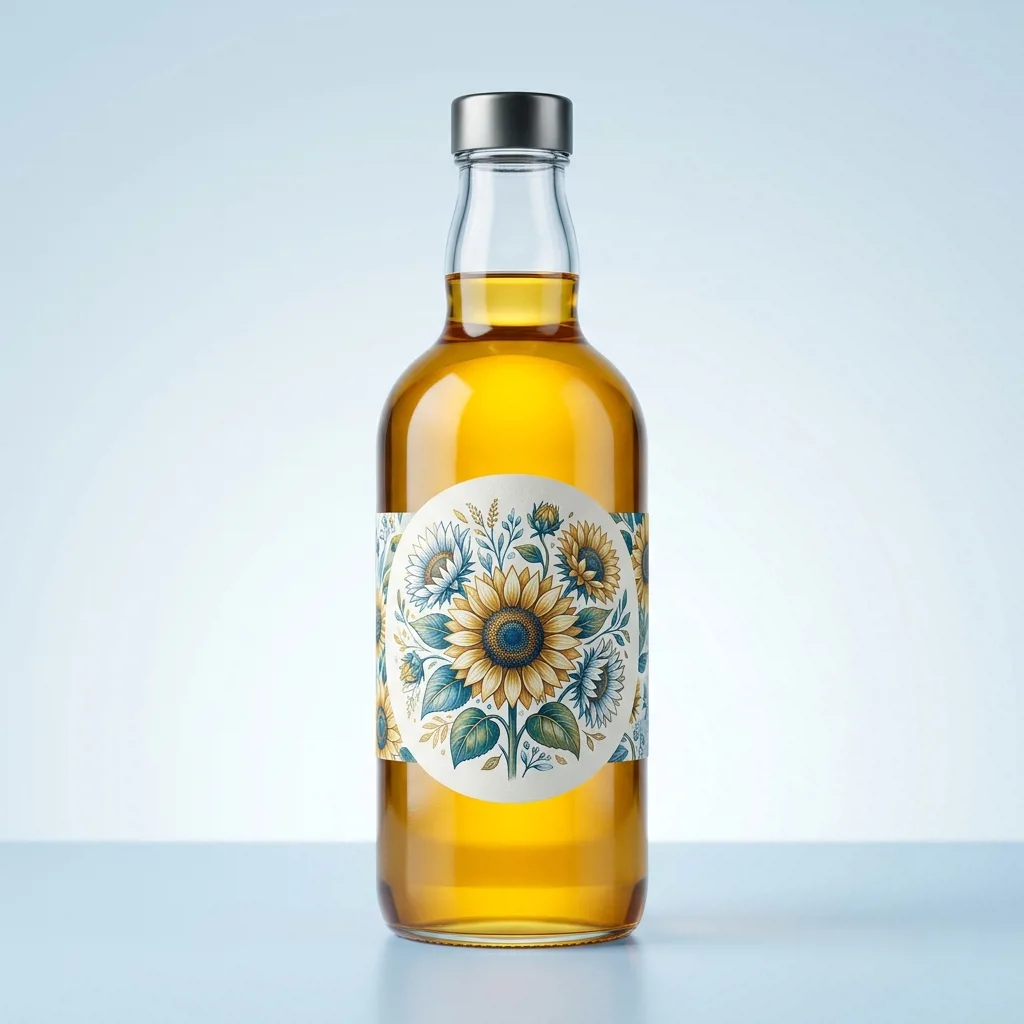 Круговая этикетка на стеклянной бутылке подсолнечного масла