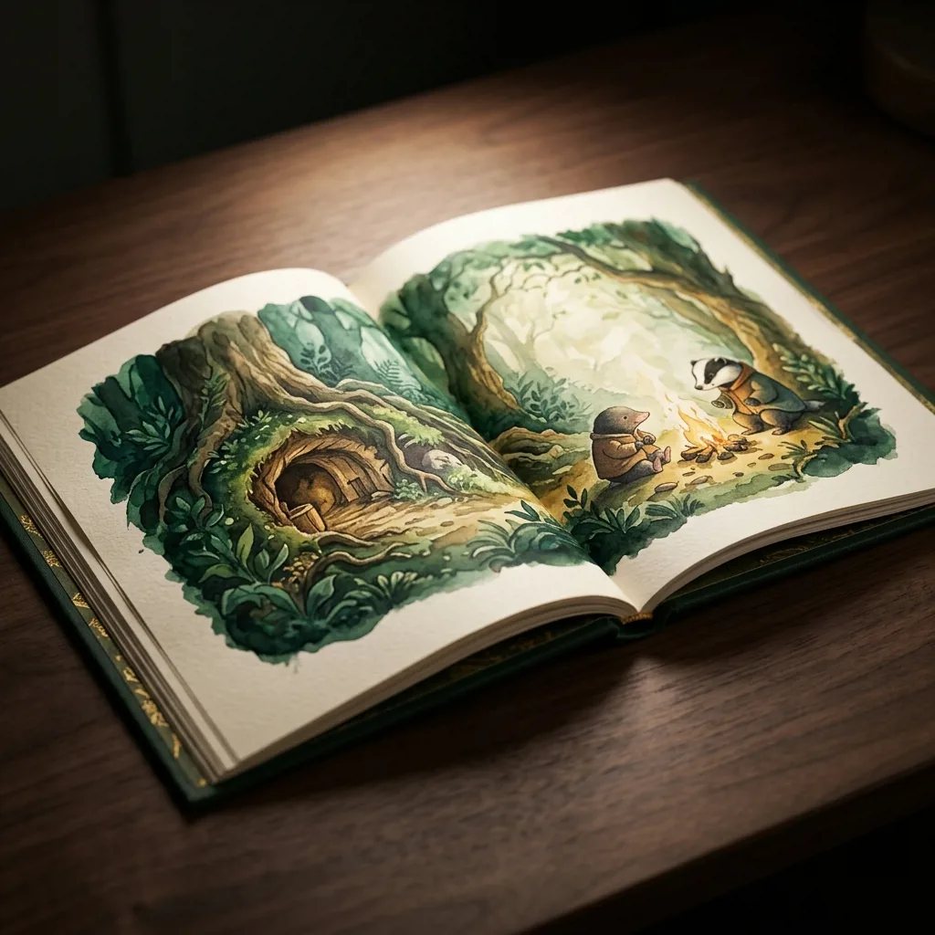 Разворот книги с цветными иллюстрациями