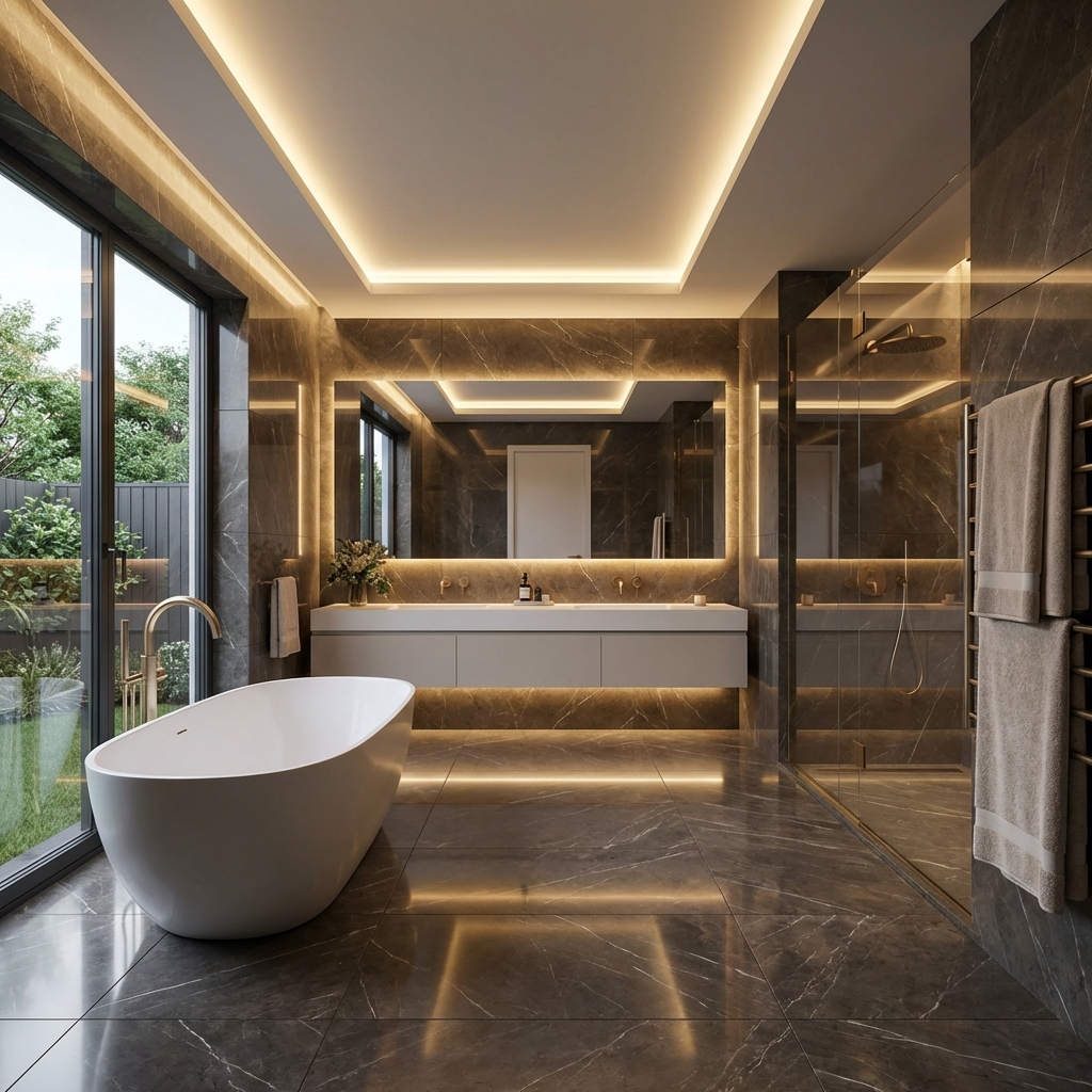 Элитный ремонт ванной комнаты с укладкой крупноформатного керамогранита и установкой премиальной сантехники